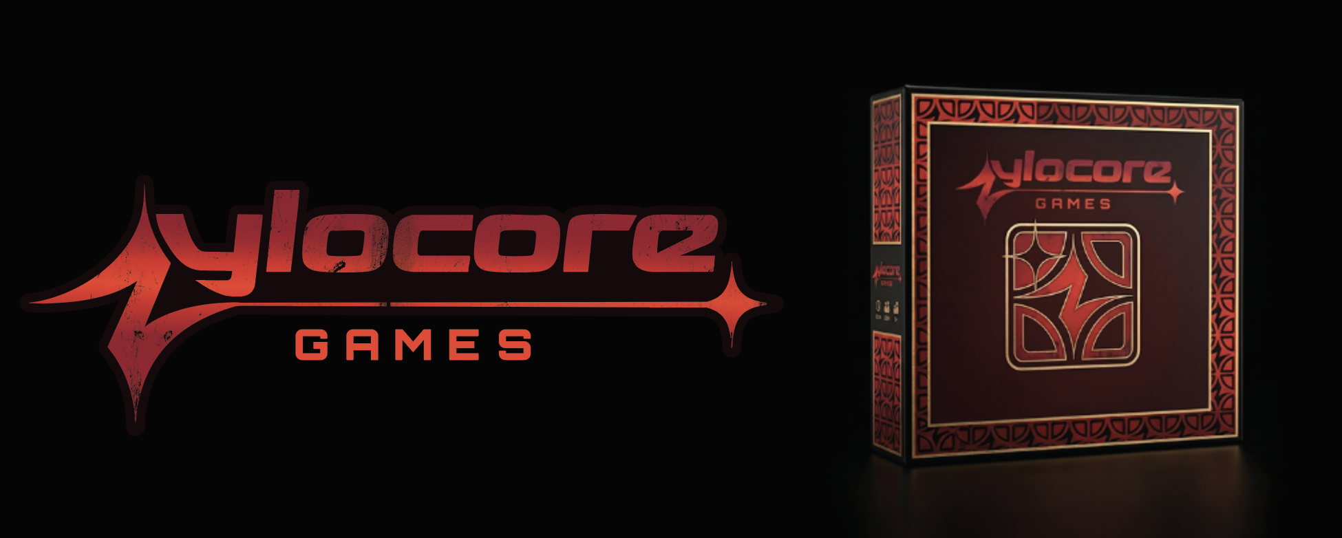 Zylocore Games wordmark and package mockup in red and black