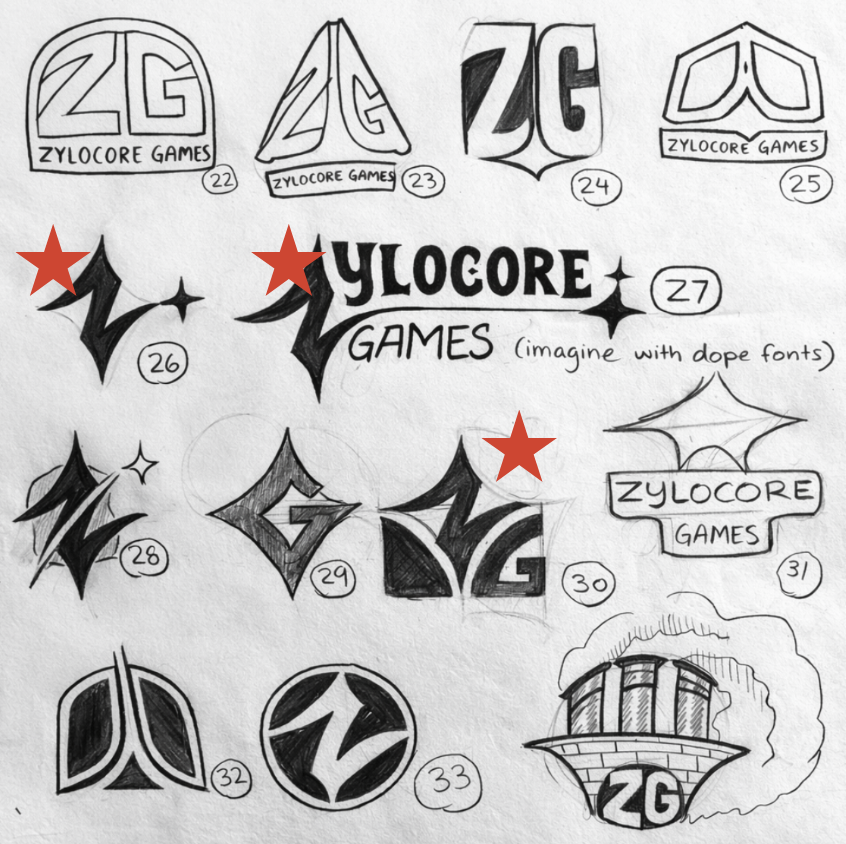 Hand-drawn Zylocore Games logo sketches